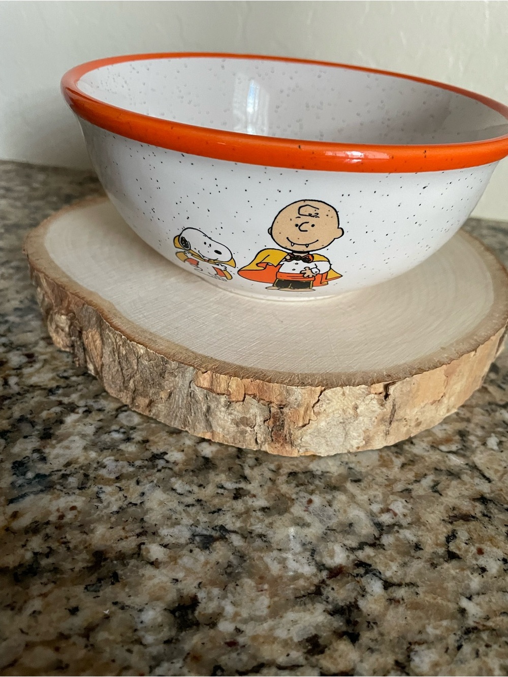 Peanuts Ceramic Bowl with Orange Rim and White Speckle for Halloween